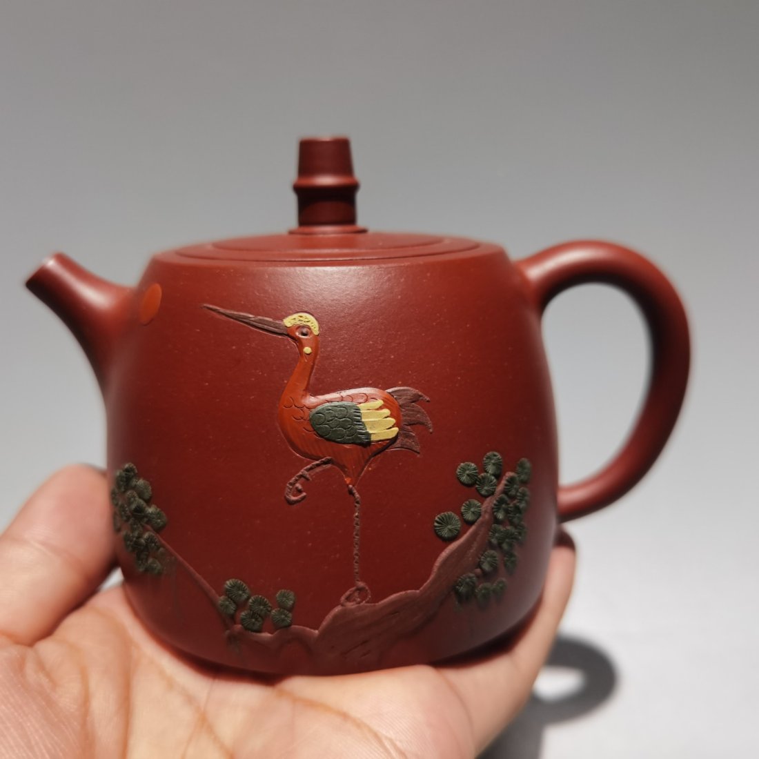 Yixing Zisha Clay Pine Tree & Crane Teapot w Artist Signed (1 of 9)