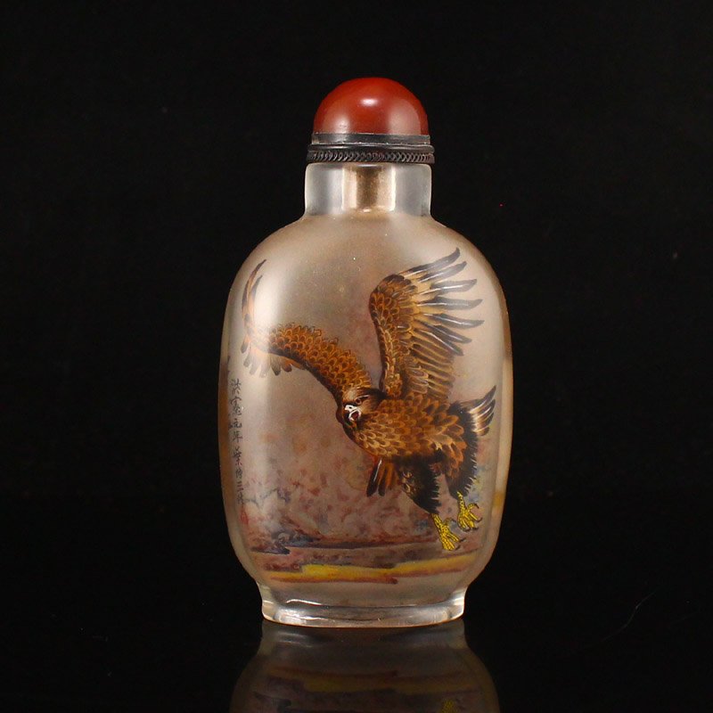 Peking Glass Inside Painting Eagle Snuff Bottle w Red Agate Stopper (1 of 7)