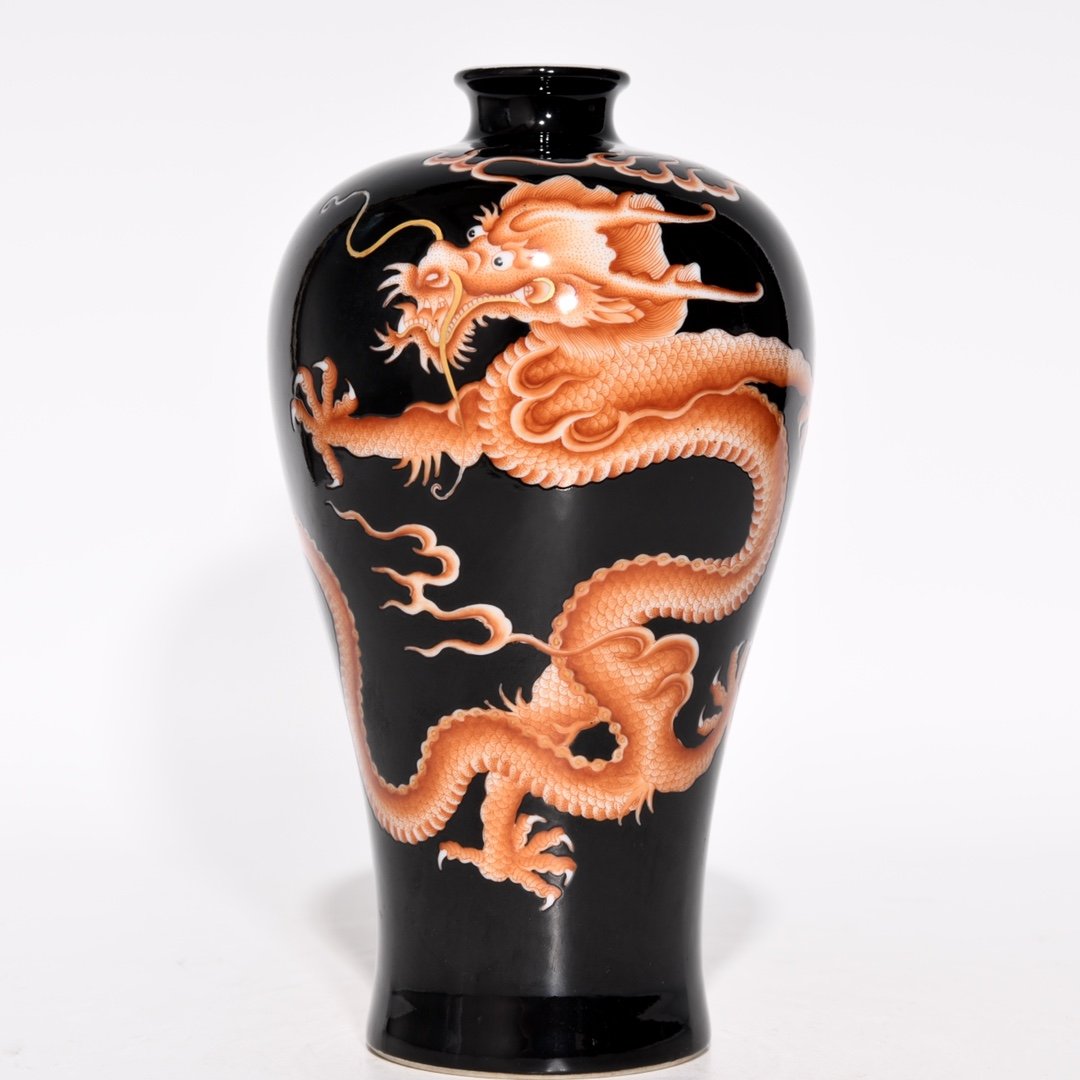 Black Ground Gilt Gold Iron Red Glaze Dragon Design Porcelain Vase (1 of 10)