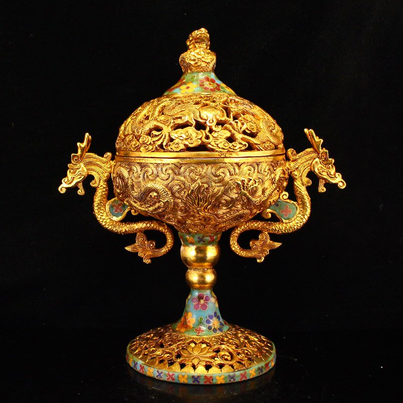 Openwork Gilt Gold Red Copper Cloisonne Double Dragon Ear Incense Burner (1 of 7)