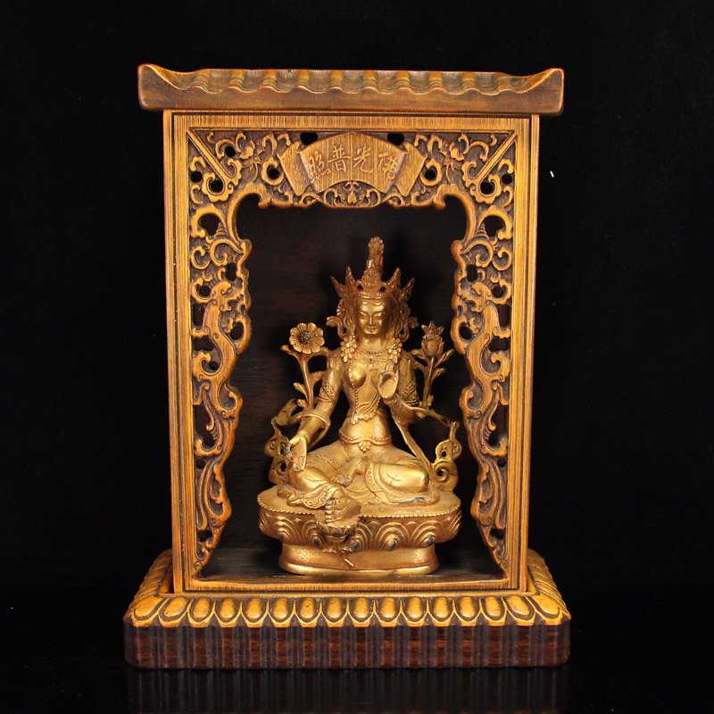 Vintage Gilt Gold Bronze Buddha Statue w Zitan Wood Inlay Bamboo Shrine (1 of 7)