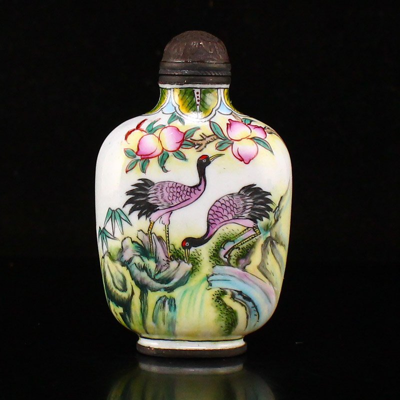 Chinese Red Copper Cloisonne Cranes Snuff Bottle w Qianlong Mark (1 of 8)