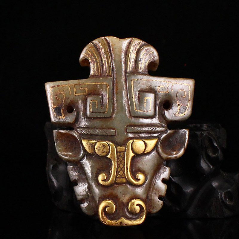 Vintage Chinese Gilt Gold Hetian Jade Beast Face Pendant (1 of 6)