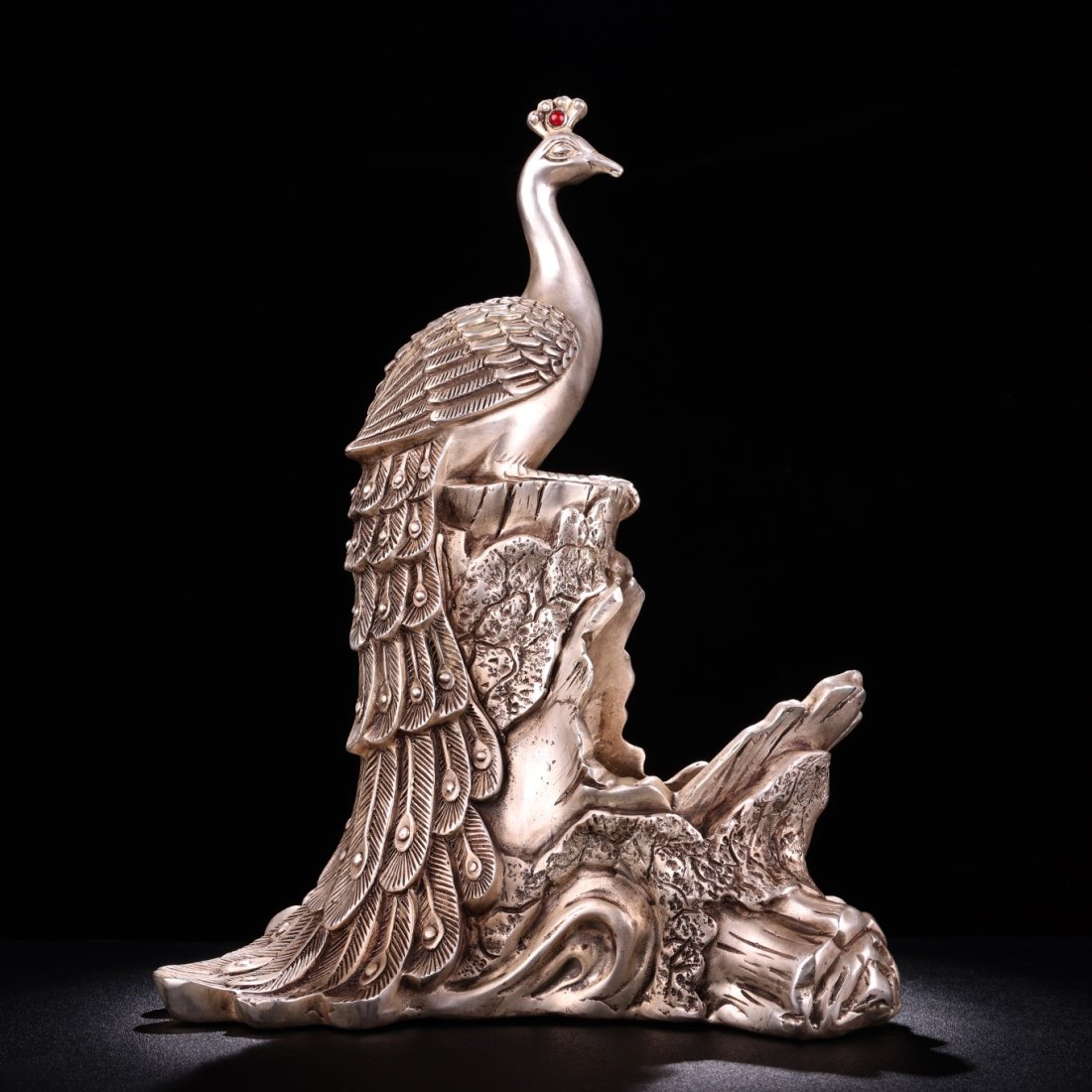 Vintage Chinese White Copper Inlay Ruby Peacock Statue (1 of 9)