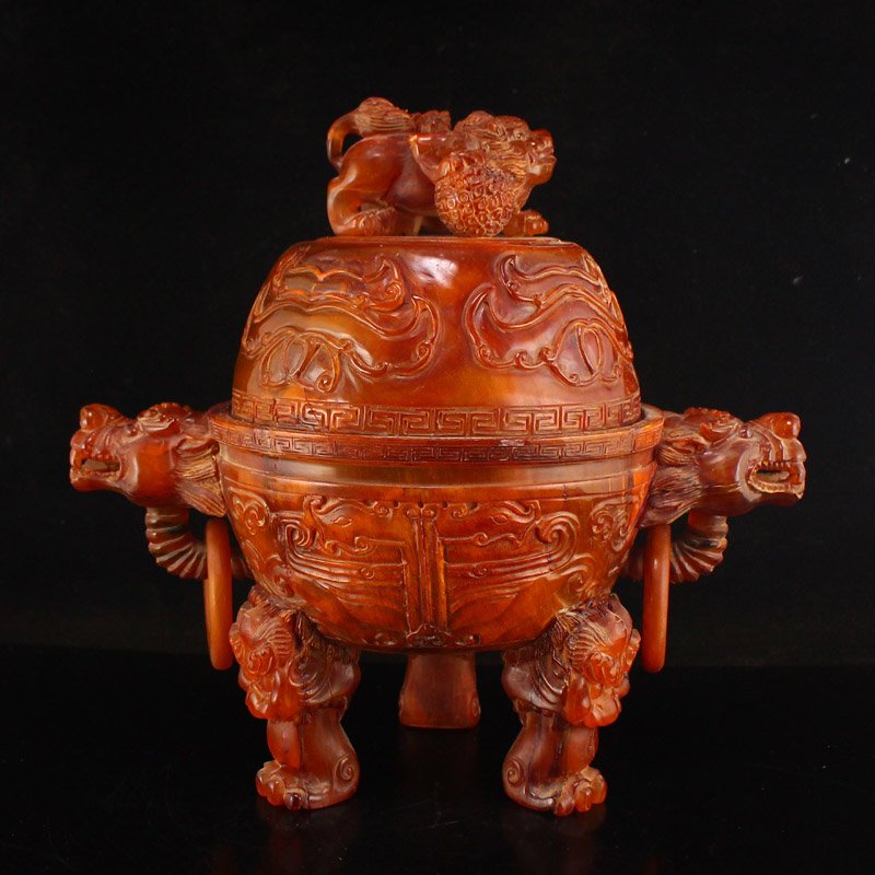 Superb Vintage Ox Horn Lucky Lion Double Rings Incense Burner (1 of 12)