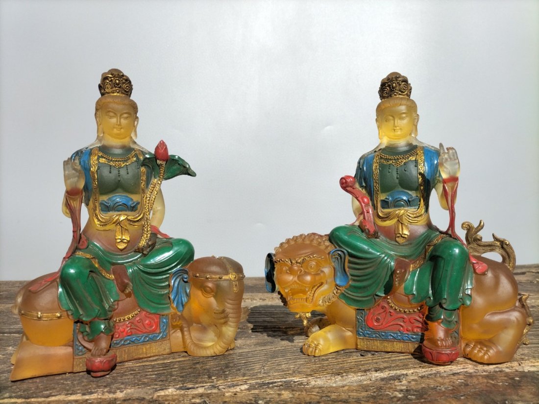 Vintage Chinese Peking Glass Manjusri & Samantabhadra Boddhisattva Statues (1 of 9)
