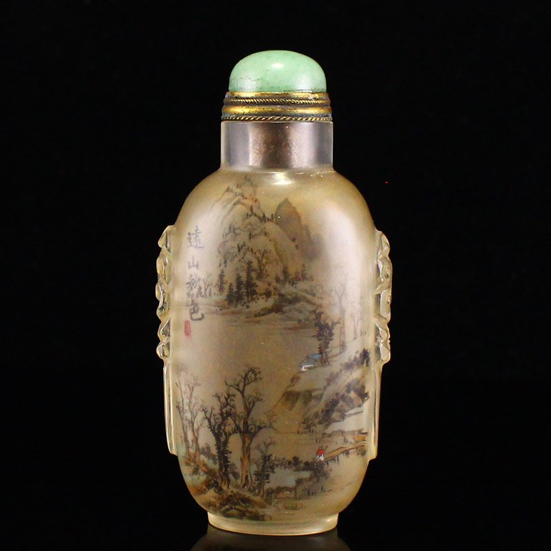 Peking Glass Inside Painting Mountain River Scene Snuff Bottle: Chinese Peking Glass Inside Painting Mountain River Scene Snuff Bottle Dimension: 85 x 42 x 30(mm) 3.35 x 1.65 x 1.18(inches) Weight: 0.16 lbs/71 g