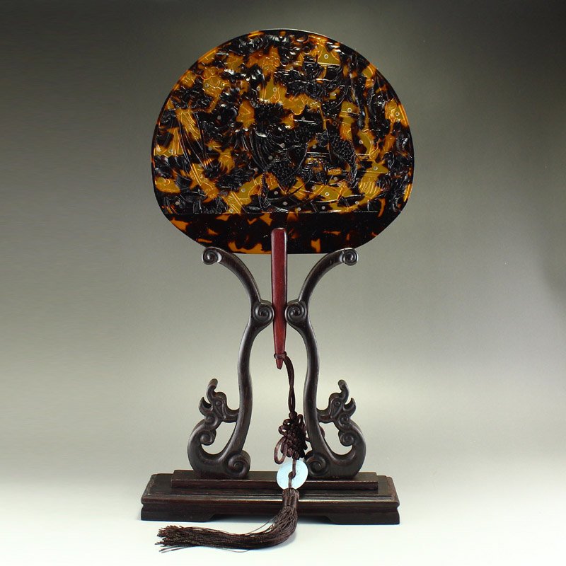 Exquisite Chinese Zitan Wood Inlay Tortoiseshell Palm-leaf Fan Shape Screen w Shelf (1 of 11)