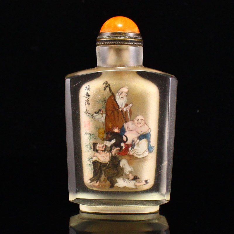 Vintage Chinese Peking Glass Inside Painting Taoism Deity Fukurokuju Snuff Bottle: Vintage Chinese Peking Glass Inside Painting Taoism Deity Fukurokuju Snuff BottleDimension: 85x48x25(mm) 3.35x1.89x0.98(inches) Weight 0.40 lbs/183 g