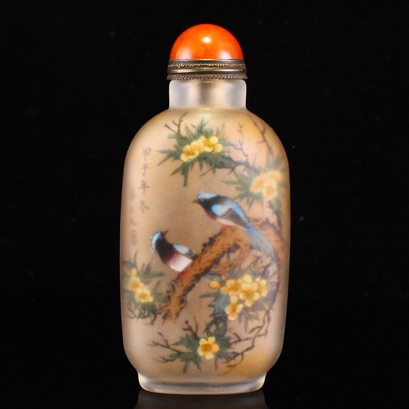 Chinese Peking Glass Inside Painting Flower Birds Snuff Bottle: Chinese Peking Glass Inside Painting Flower Birds Snuff BottleDimension: 95x45x28(mm) 3.74x1.77x1.10(inches) Weight 0.17 lbs/77 g