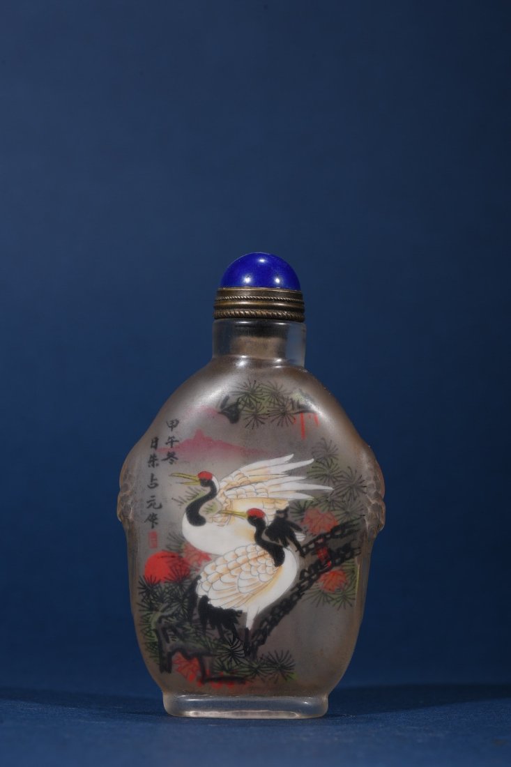 Chinese Peking Glass Inside Painting Crane Snuff Bottle: Chinese Peking Glass Inside Painting Crane Snuff BottleDimension: 80x46x21(mm) 3.15x1.81x0.83(inches) Weight 0.10lbs/47 g
