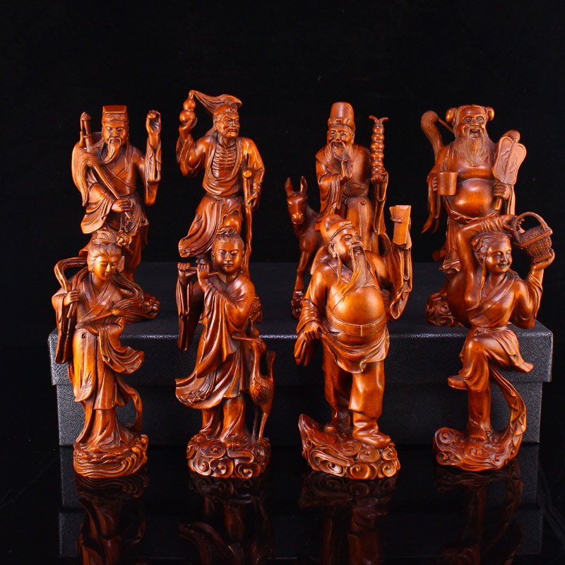 Vintage Chinese Boxwood Wood Eight Taoism Deity Statues