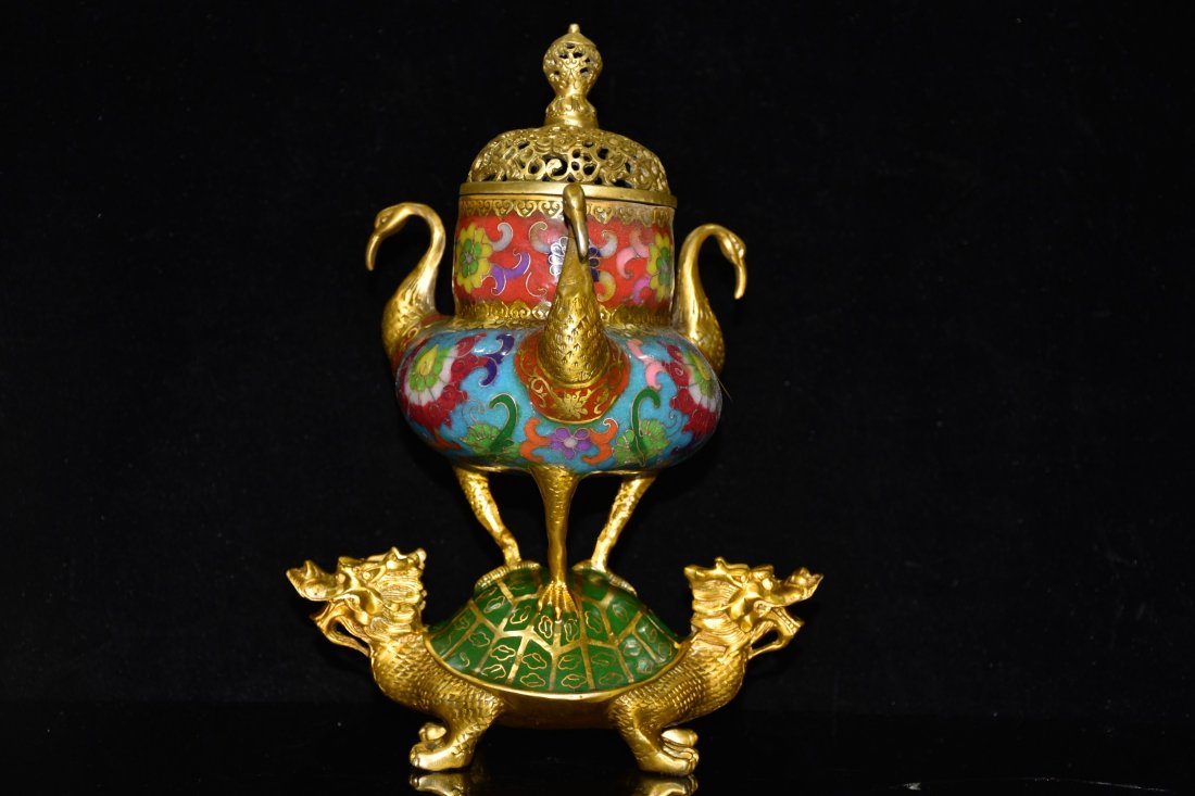 Gilt Gold Red Copper Cloisonne Crane & Dragon Turtle Incense Burner (1 of 9)