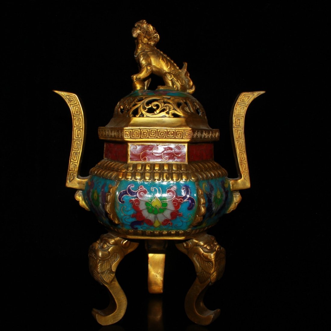 Gilt Gold Red Copper Cloisonne Double Ear Incense Burner (1 of 8)