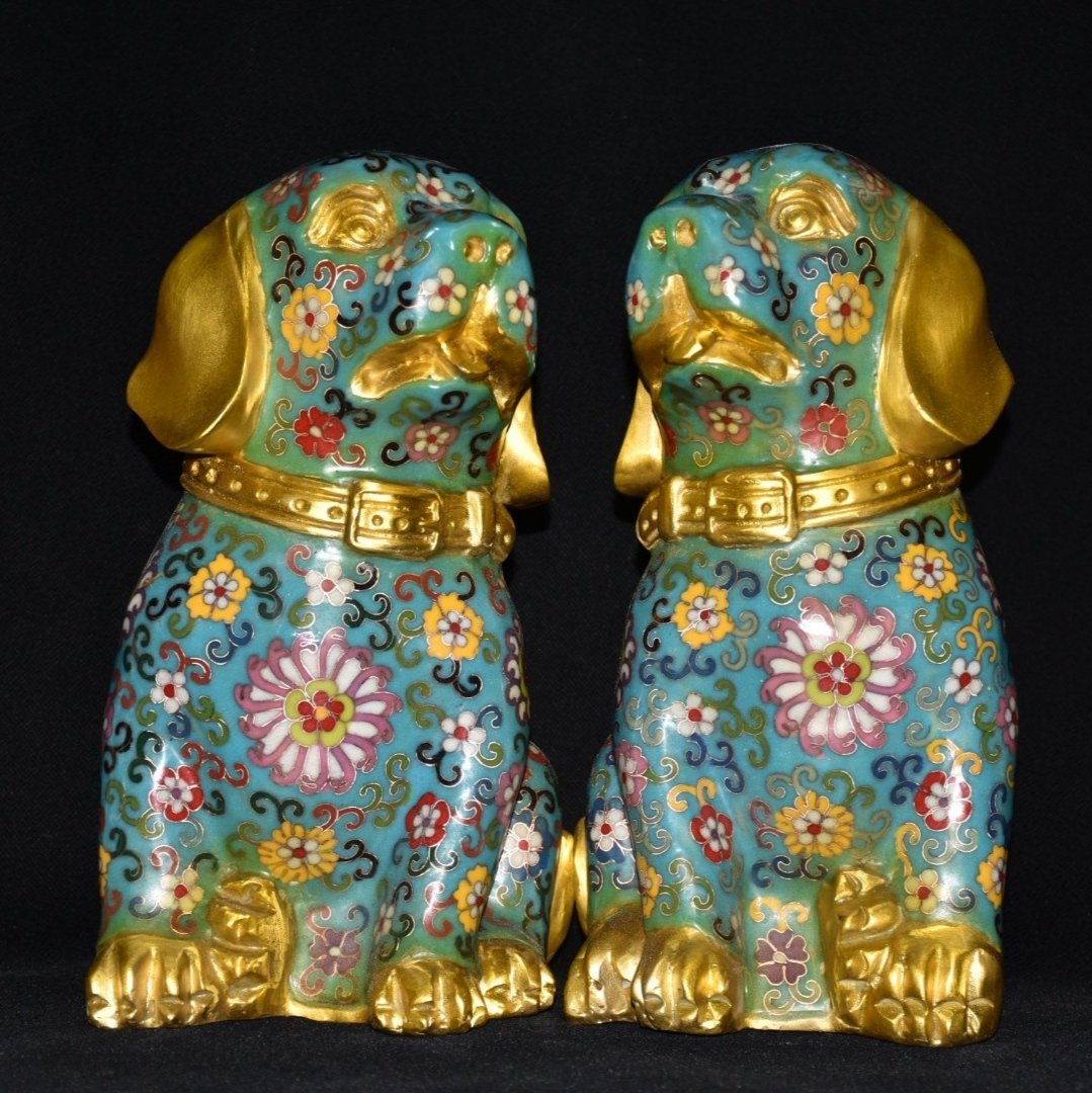 A Pair Chinese Gilt Gold Red Copper Cloisonne Fortune Dogs Statue (1 of 9)