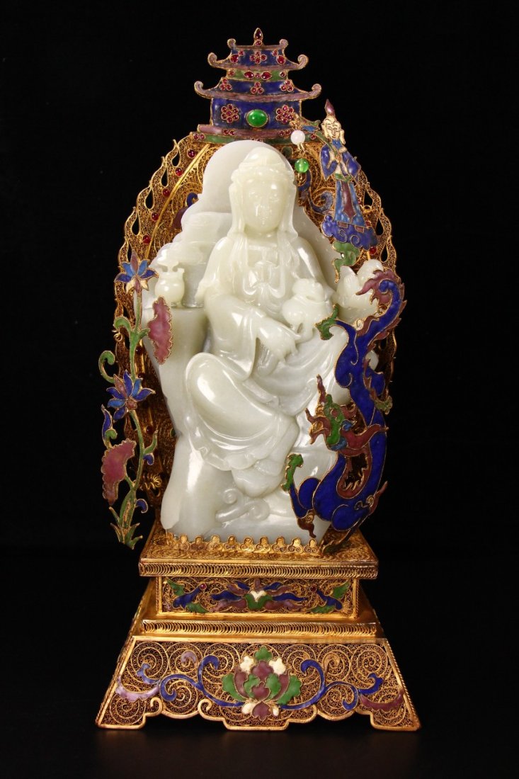Superb Gilt Gold Hetian Jade Kwanyin Statue w Gold Wire Enamel Base
