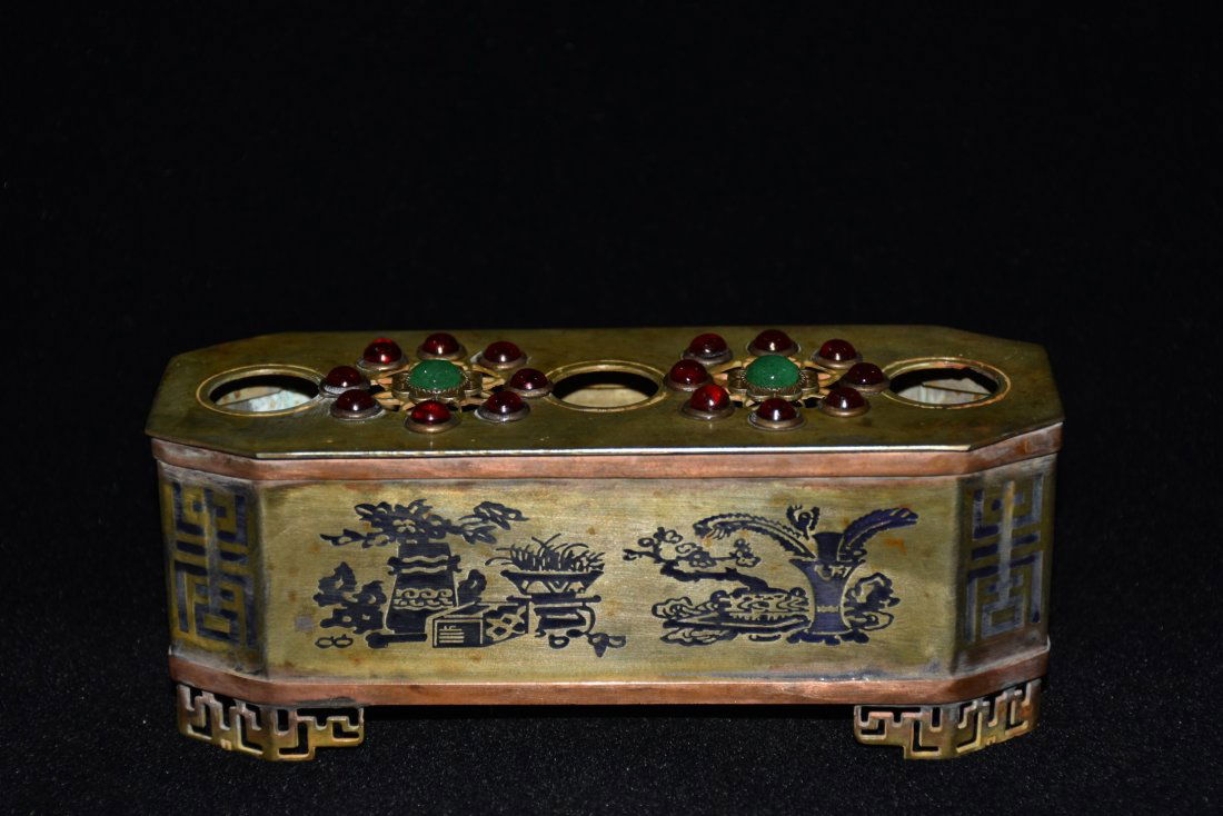 Vintage Chinese White Copper Inlay Gems Incense Burner (1 of 9)