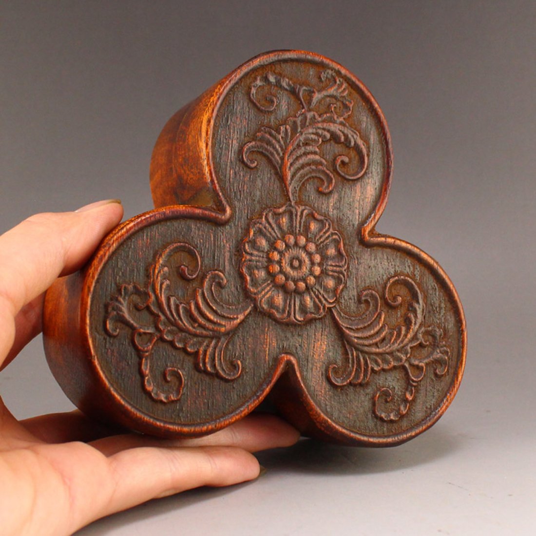 Vintage Chinese Zitan Wood Flower Design Thumb Ring Box (1 of 6)