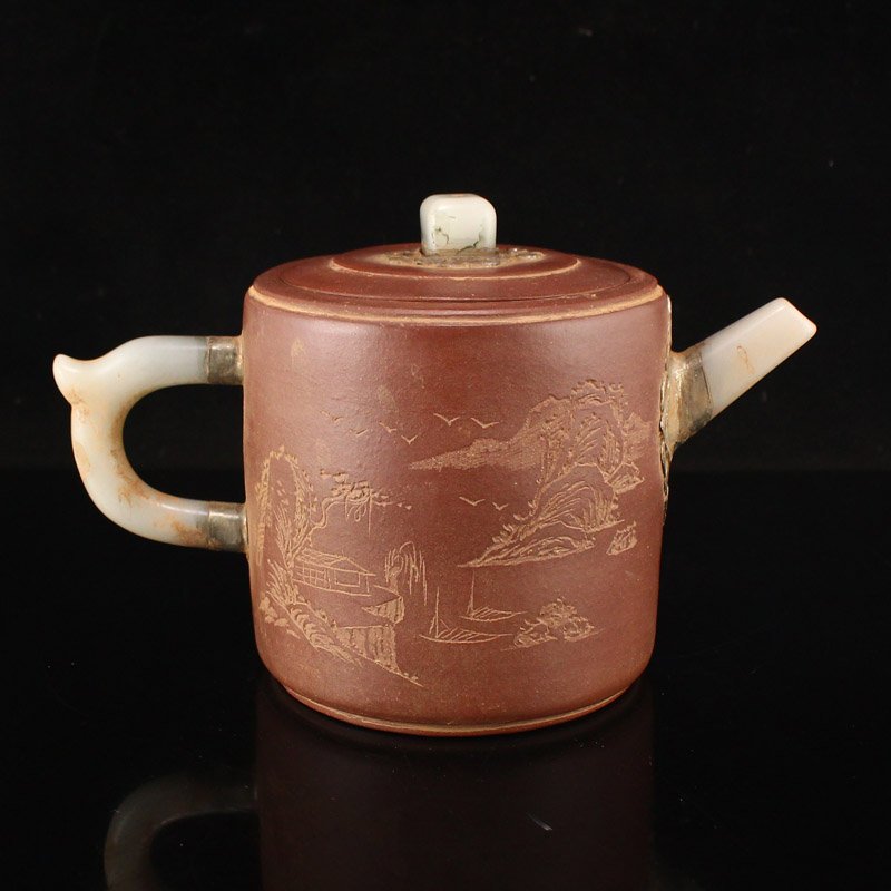 Chinese Yixing Zisha Clay & Jade Teapot w Artist Signed (1 of 10)