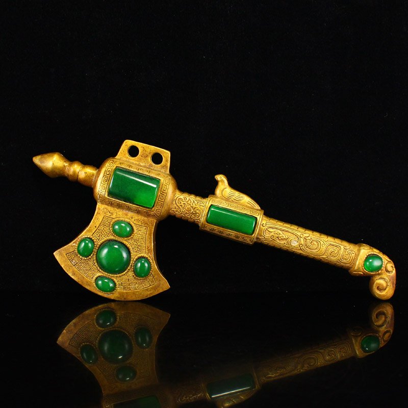 Vintage Chinese Gilt Gold Bronze Inlay Green Jade Axe Statue (1 of 7)