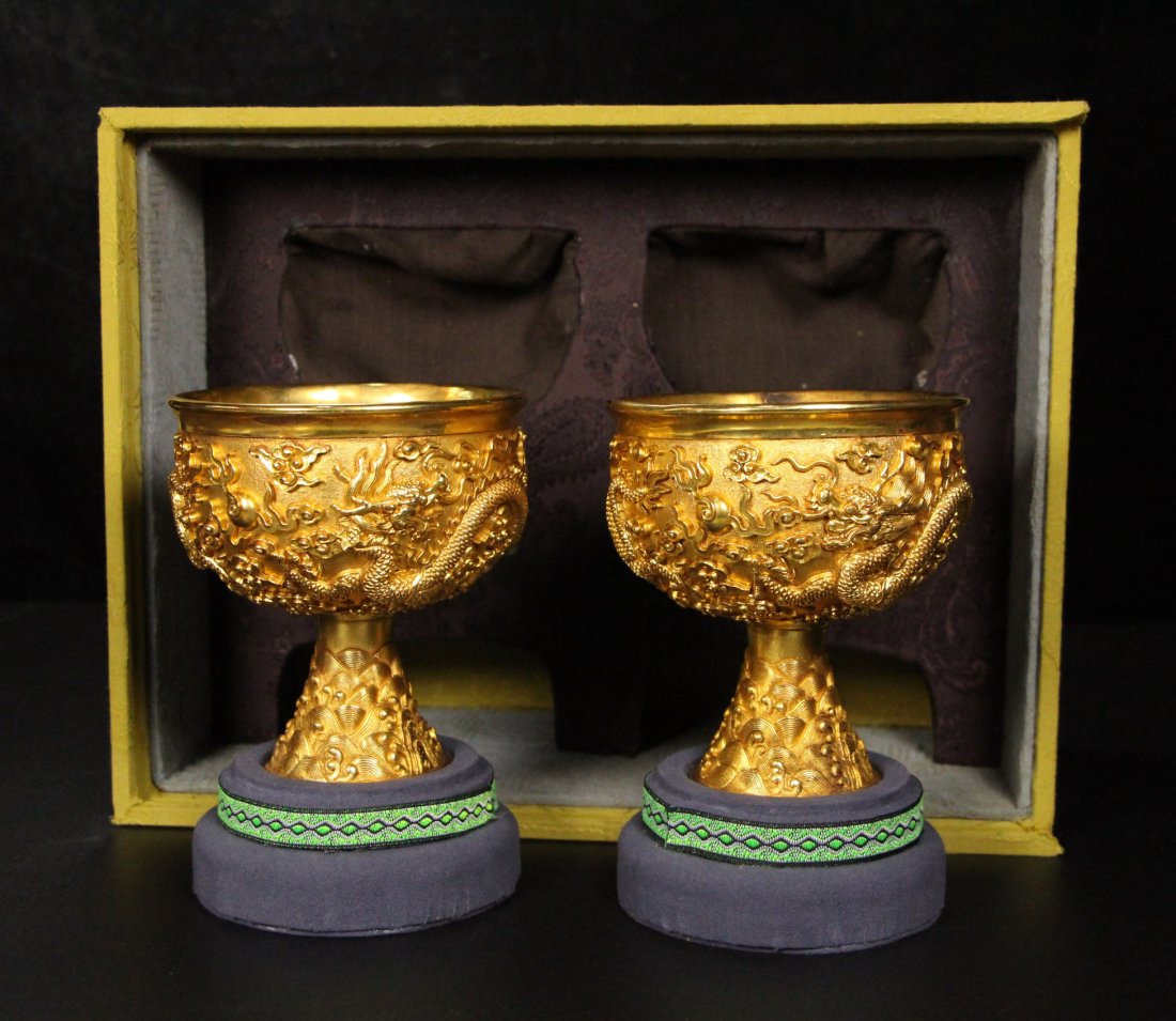 A Pair Vintage Chinese Gilt Gold Bronze Dragon Cup w Stand & Box (1 of 9)