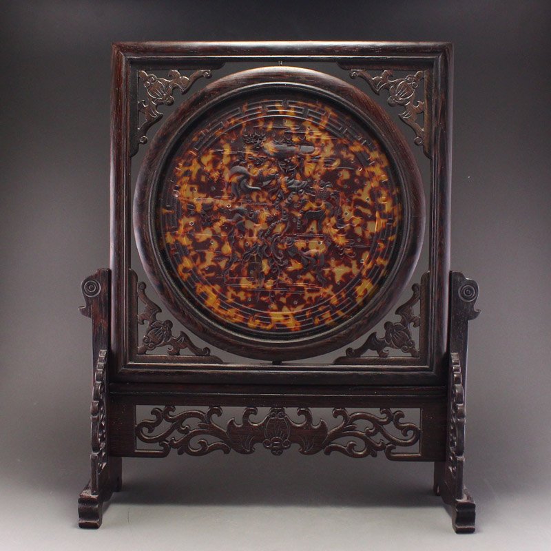 Openwork Zitan Wood Inlay Tortoiseshell Carved Screen (1 of 6)