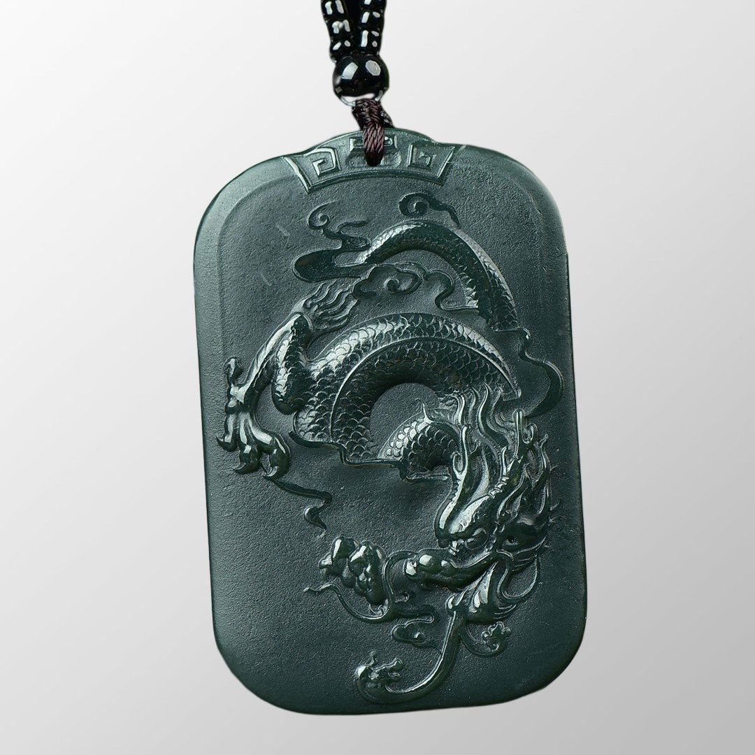 Chinese Deep Green Hetian Jade Fortune Dragon Pendant (1 of 7)