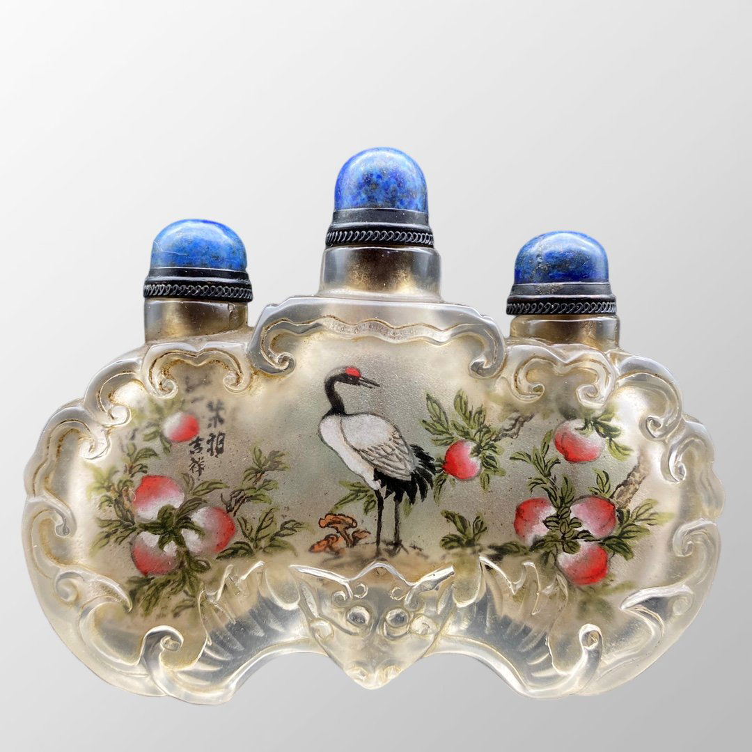 Old Chinese Peking Glass Inside Painting Crane & Peach Conjoined Snuff Bottle w Lapis Lazuli Stopper (1 of 9)