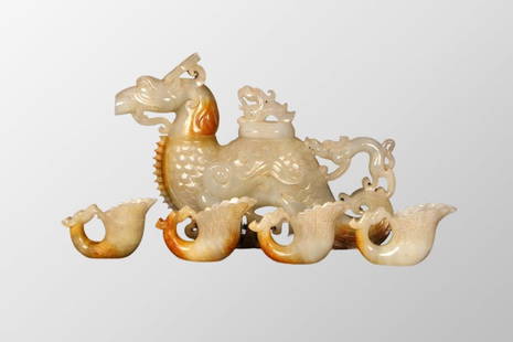 A Set Luxury Old Chinese Hetian Jade Dragon Wine Pot & Phoenix Cups: A Set Luxury Old Chinese Hetian Jade Dragon Wine Pot & Phoenix Cups Dimension: 260 x 175 x 65 (mm) 10.24 x 6.89 x 2.56 (inches) Dimension: 85 x 45 x 30(mm) 3.35 x 1.77 x 1.18 (inches) Total Weight: 4.