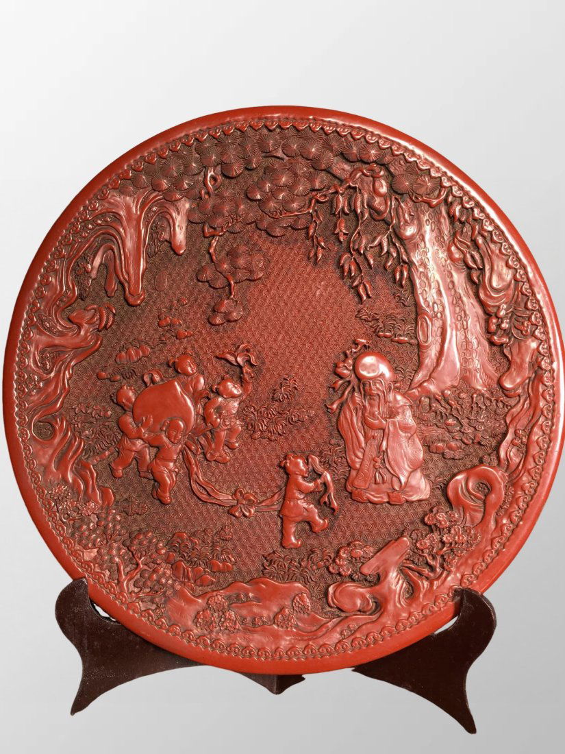 Vintage Chinese Low Relief Red Lacquerware Longevity Taoism Deity Plate (1 of 10)