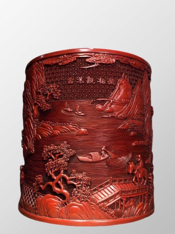 Vintage Chinese Red Lacquerware Low Relief Pine Tree & Figure Big Brush Pot (1 of 10)