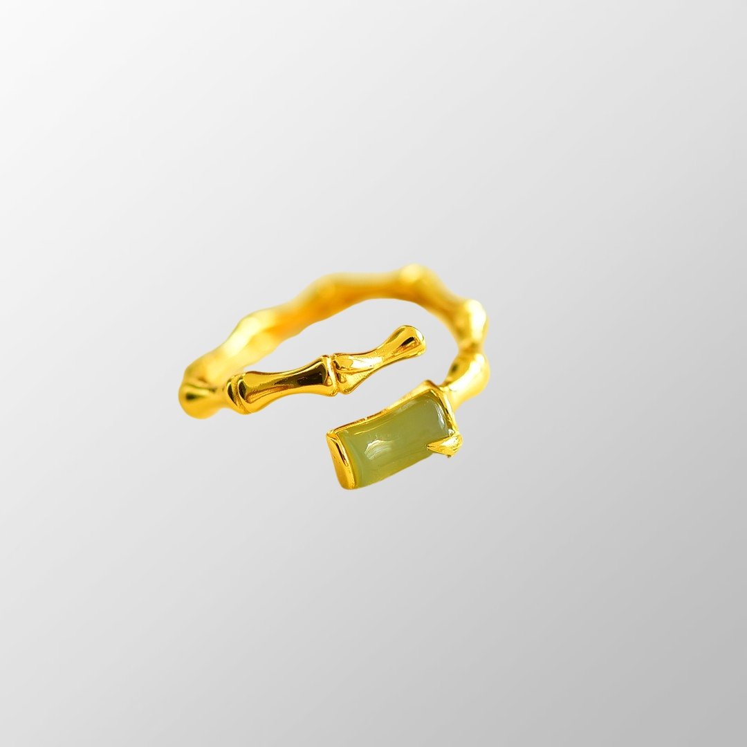 Beautiful Silver Gilt Gold Inlay Green Jade Fortune Bamboo Ring (1 of 7)