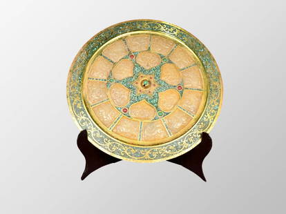 Superb Vintage Chinese Gilt Gold Bronze Inlay Jade & Gems Bronze Mirror: Superb Vintage Chinese Gilt Gold Bronze Inlay Jade & Gems Bronze Mirror Dimension: 300 x 8 (mm) 11.81 x 0.31 (inches) Weight 5.16 lbs/ 2340 g