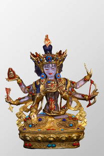 Tibetan Buddhism Gilt Gold Bronze Inlay Gem & Natural Crystal Six Arms Kwan-yin Statue: Tibetan Buddhism Gilt Gold Bronze Inlay Gem & Natural Crystal Six Arms Kwan-yin Statue Dimension: 220 x 225(mm)8.66 x 8.86(inches) Weight:4.45lbs/ 2020 g