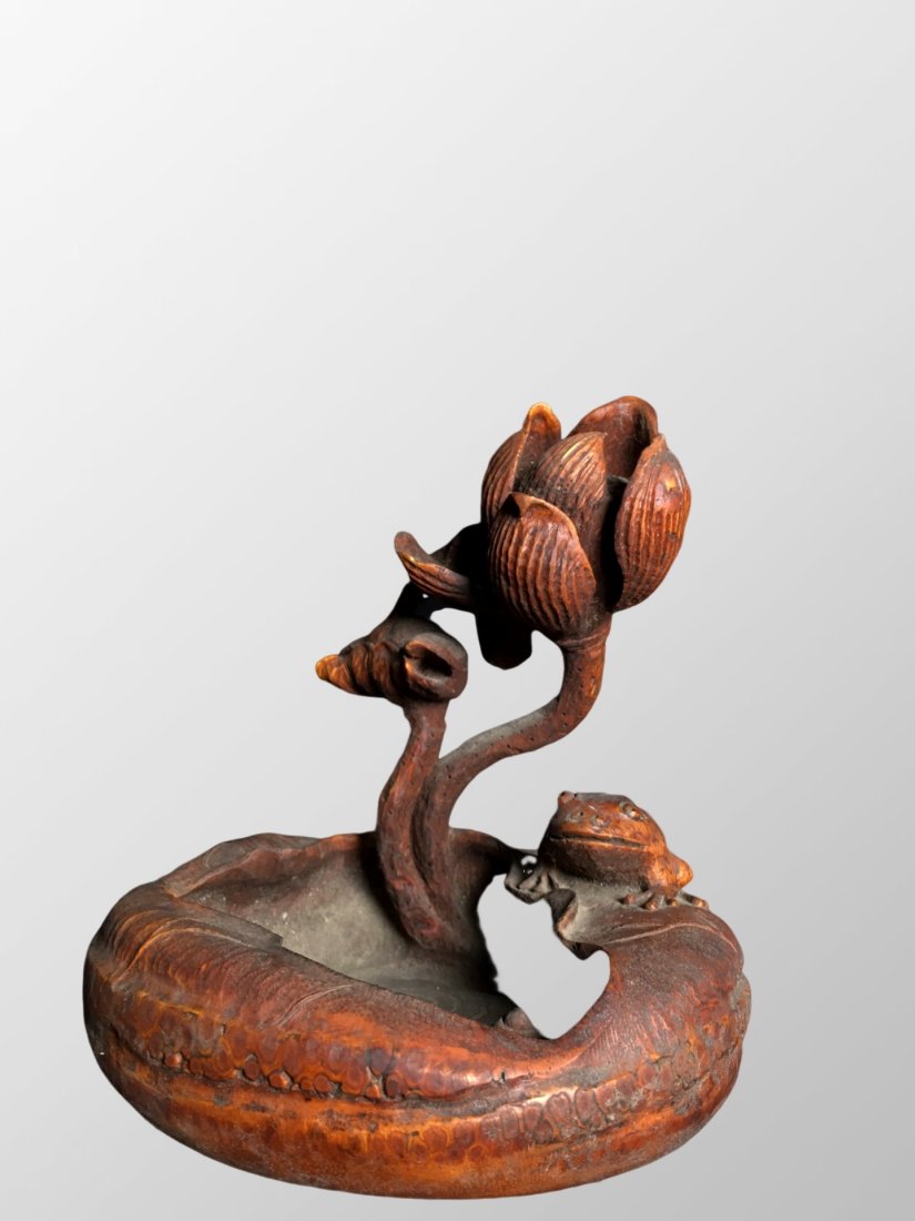 Vintage Chinese Bamboo Carved Lotus Flower & Frog Brush Washer (1 of 10)