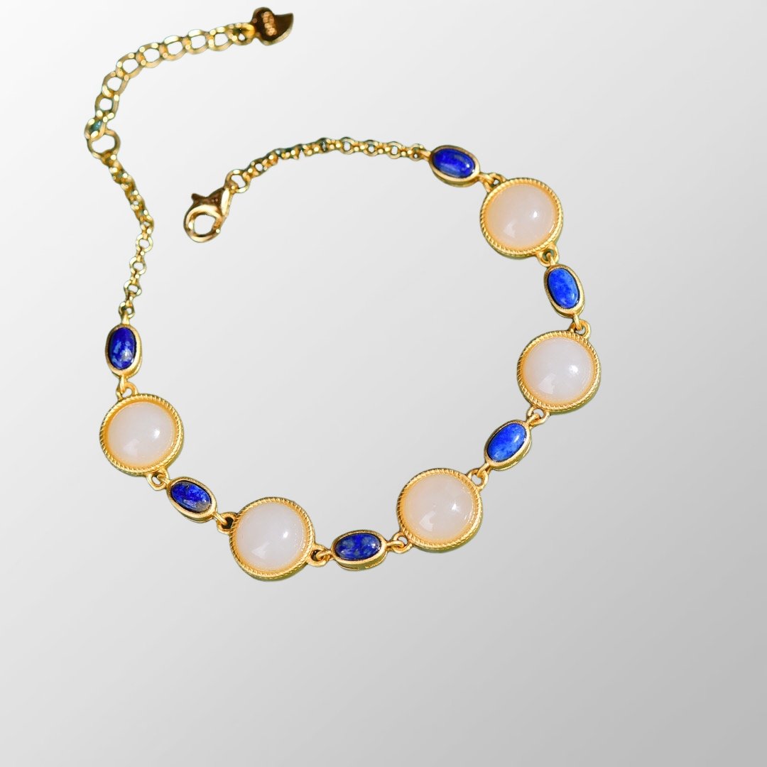 Beautiful Chinese Silver Plated Gilt Gold Inlay White Hetian Jade & Lapis Lazuli Women's Bracelet (1 of 7)