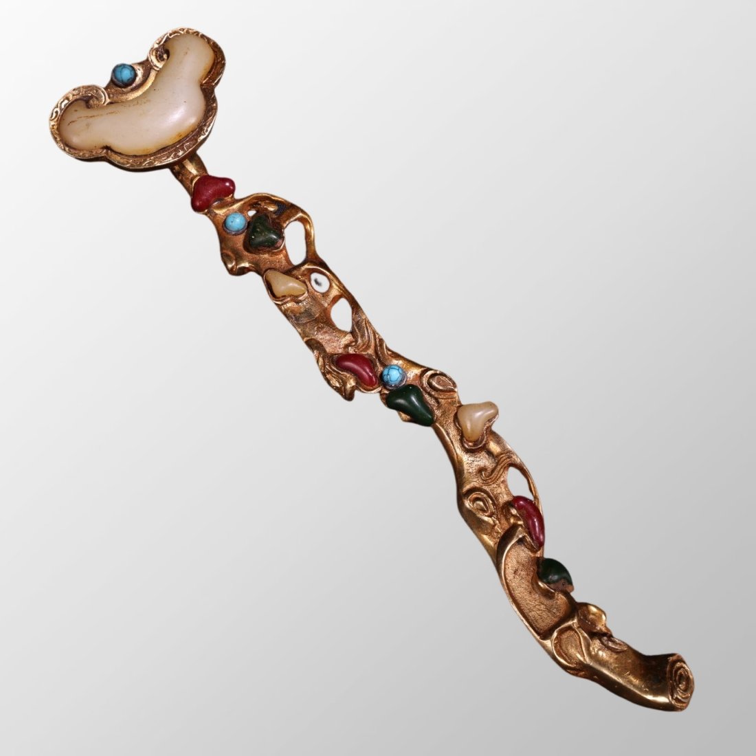 Vintage Chinese Gilt Gold Bronze Inlay Jade & Gem Ruyi Scepter: Vintage Chinese Gilt Gold Bronze Inlay Jade & Gem Ruyi ScepterDimension:60 x 270(mm)2.36 x 10.63(inches) Weight:0.73 lbs/ 330 g