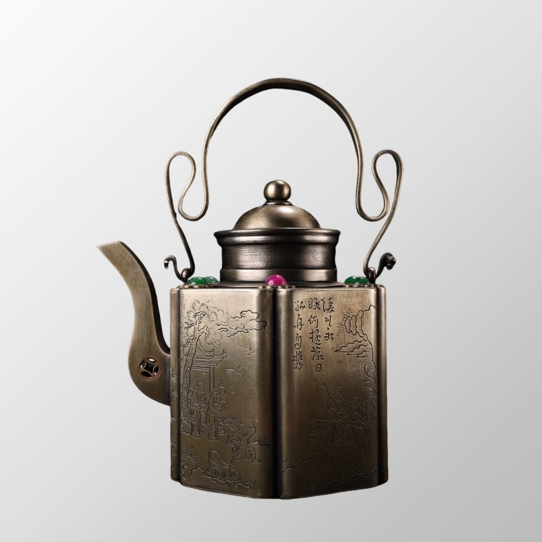 Vintage Chinese White Copper Inlay Gems Handle Teapot (1 of 10)