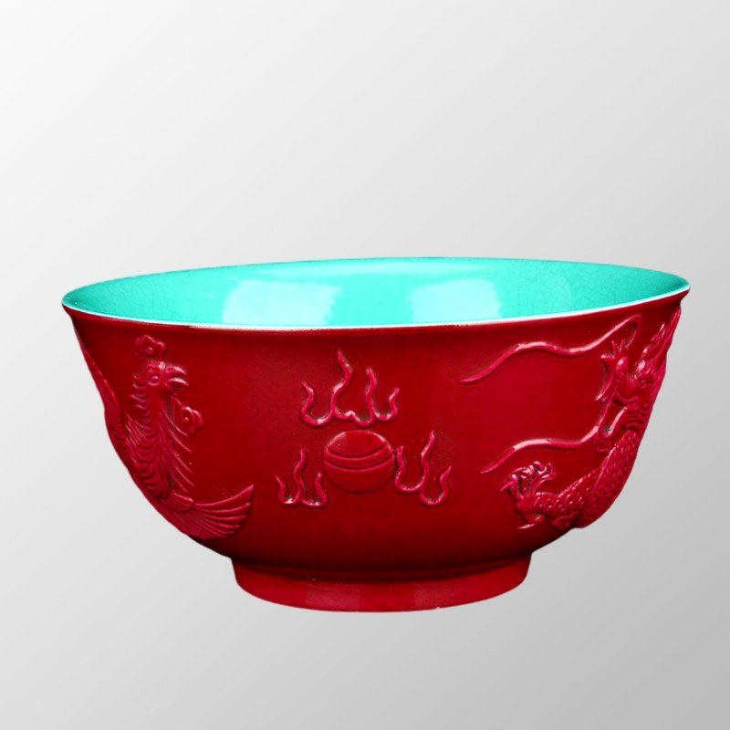 Chinese Rouge Red Glaze Porcelain Dragon & Phoenix Bowl (1 of 10)