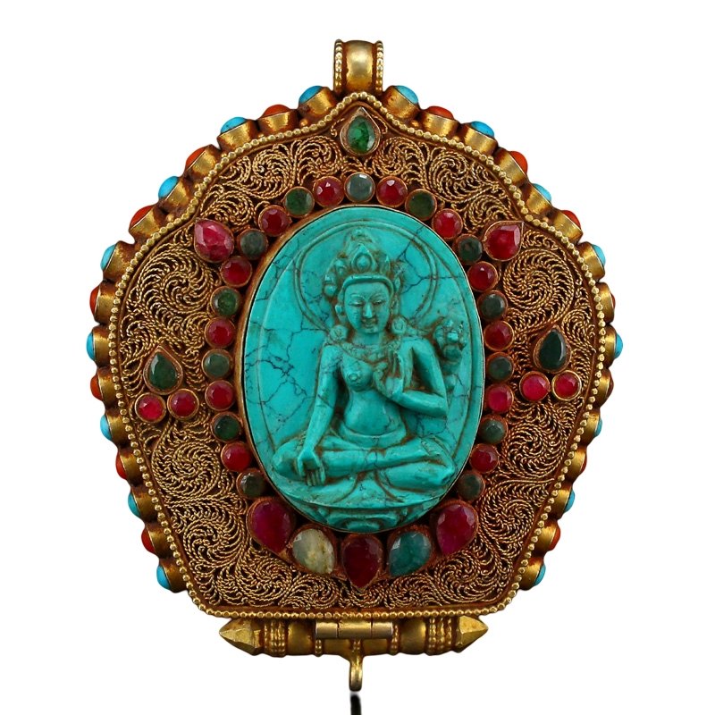 Tibetan Buddhism Pure Silver Gilt Gold Inlay Turquoise & Gems Gawu Box Pendant (1 of 11)