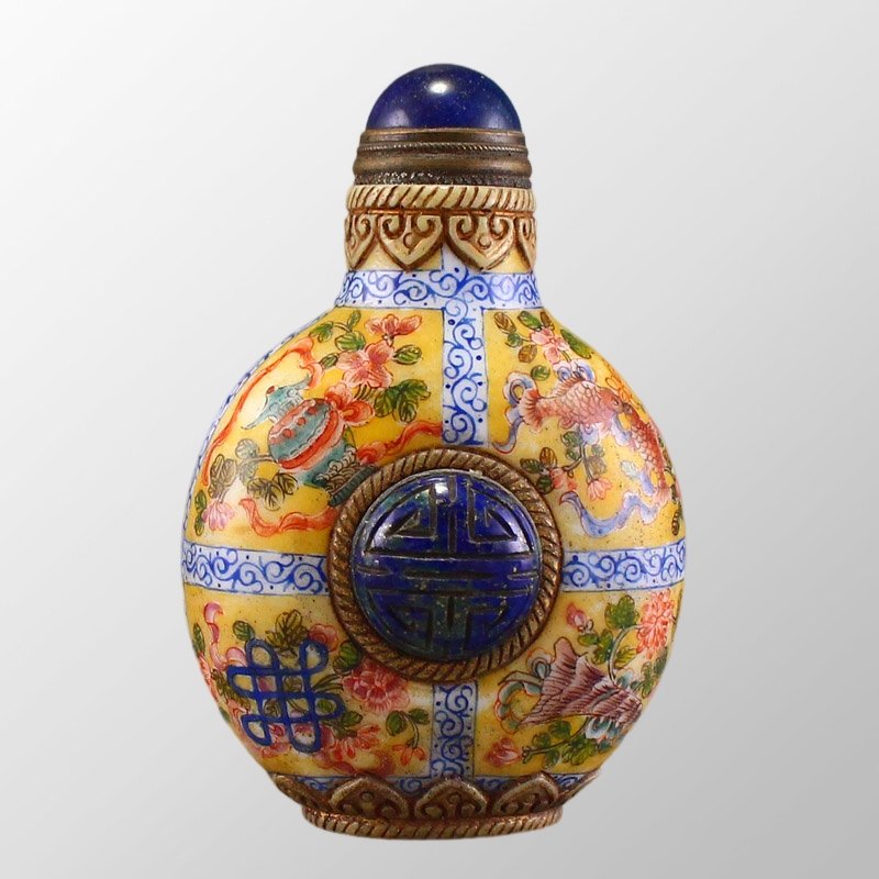Old Chinese Famille Rose Peking Glass Inlay Lapis Lazuli Snuff Bottle (1 of 8)