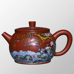 Chinese Yixing Zisha Clay Famille Rose Flowers Bird Peach Design Teapot: Chinese Yixing Zisha Clay Famille Rose Flowers Bird Peach Design TeapotDimension:78 x 90(mm)3.07 x 3.54(inches)