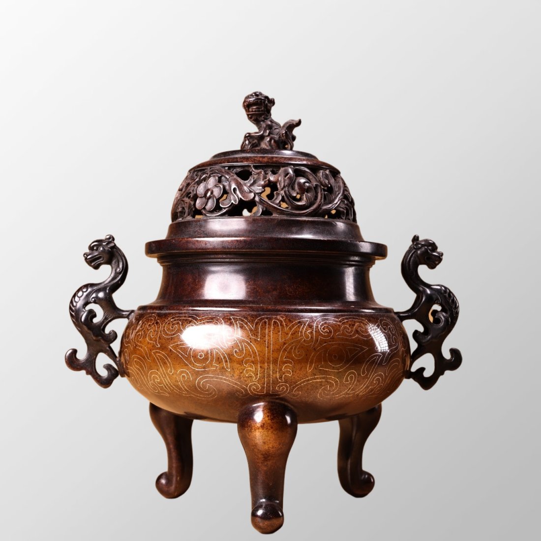 Vintage Chinese Bronze Inlay Silver Wire 3 Legs Double Ears Incense Burner (1 of 13)