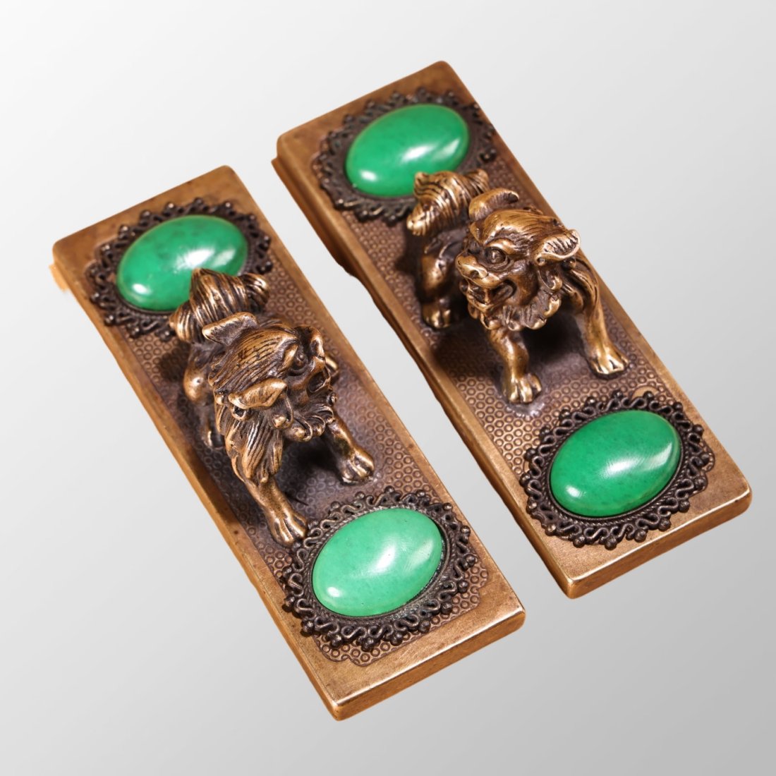 A Pair Chinese Bronze Inlay Green Jade Lion Paperweights (1 of 13)