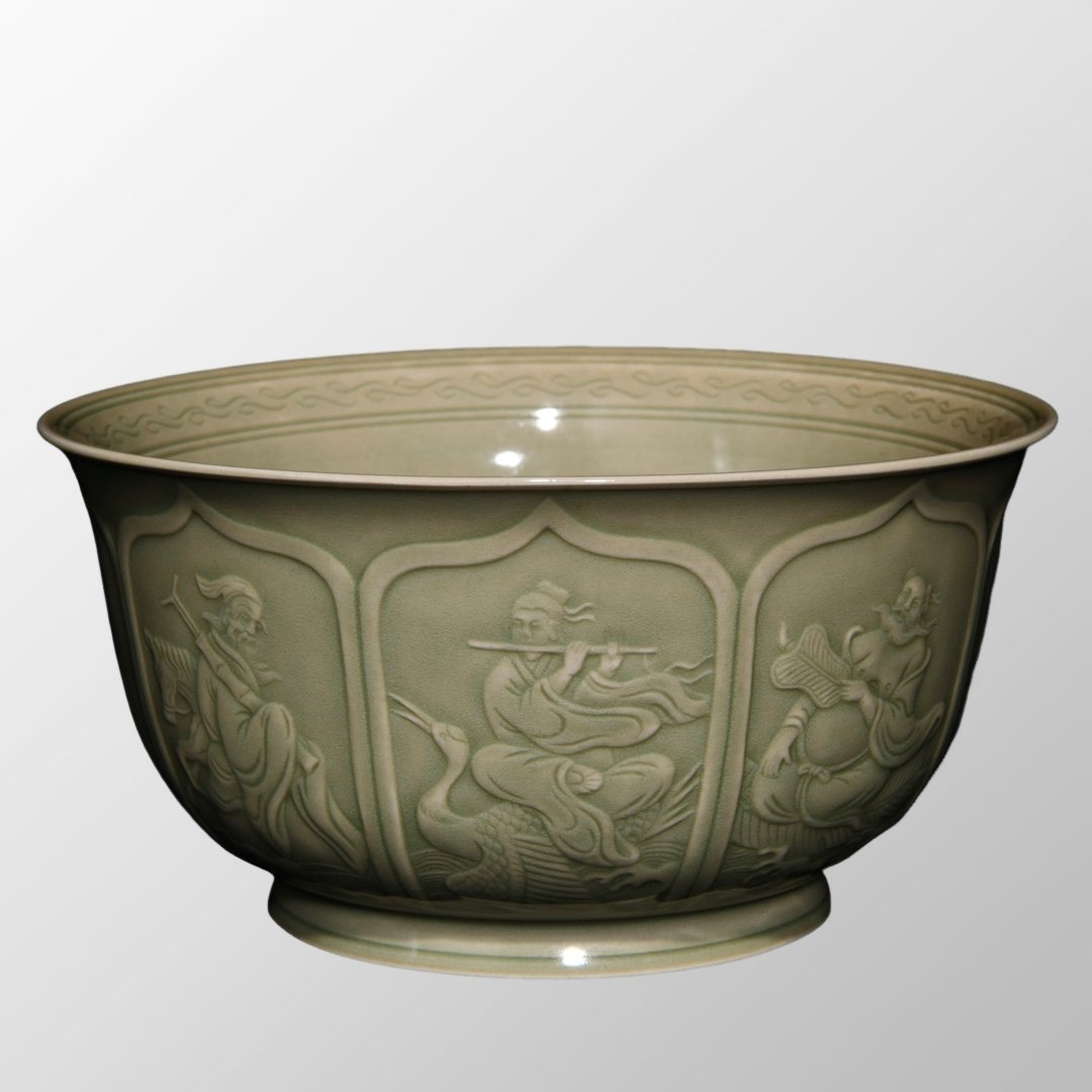 Chinese Yue Kiln Green Glaze Eight Taoism Deity Design Porcelain Bowl: Chinese Yue Kiln Green Glaze Eight Taoism Deity Design Porcelain BowlDimension:180 x 93(mm)7.09 x 3.66(inches)