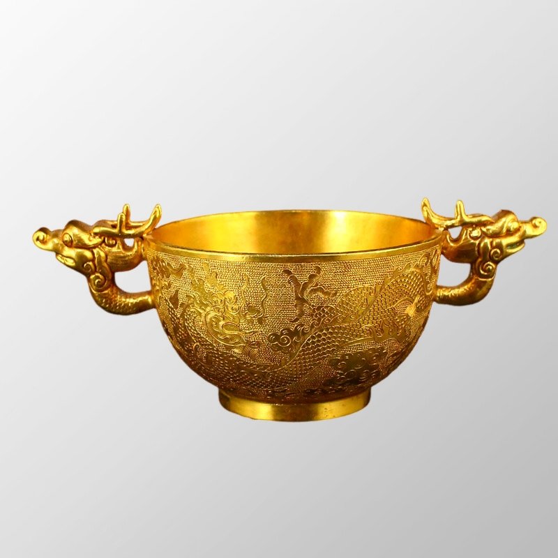 Vintage Chinese Gilt Gold Bronze Dragon Head Double Ears Cup (1 of 10)