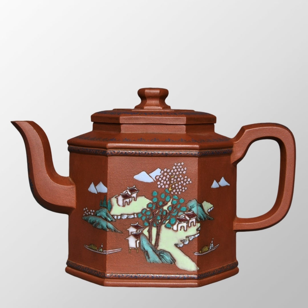 Chinese Qing Dynasty Famille Rose Enamel Idyllic Scenery Design Yixing Zisha Clay Teapot (1 of 10)