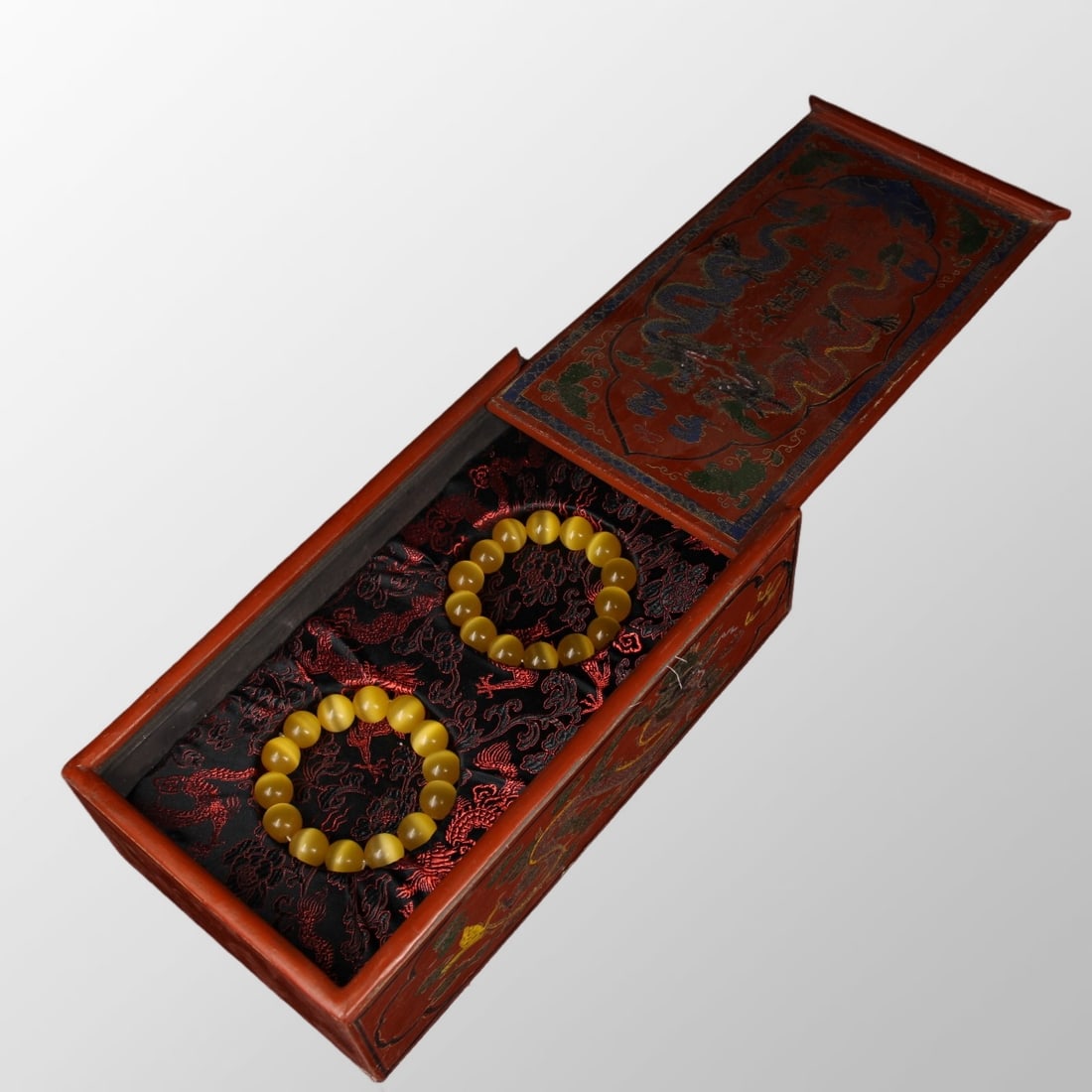 A Pair Beautiful Yellow Cat's Eye Beads Bracelet w Lacquerware Box (1 of 10)