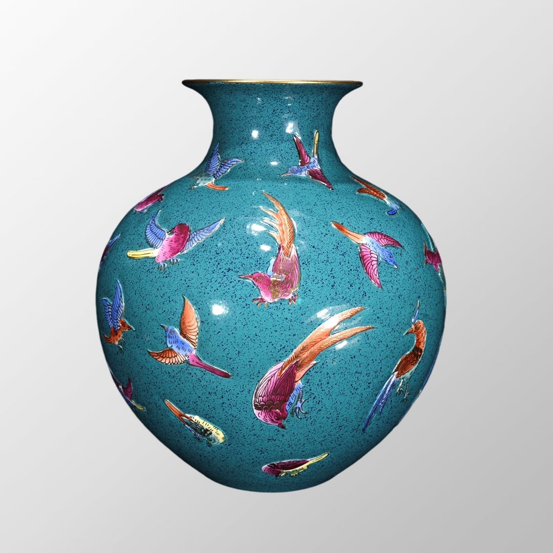 Chinese Gilt Edge Turquoise Glaze Famille Rose Bird Design Porcelain Vase (1 of 10)