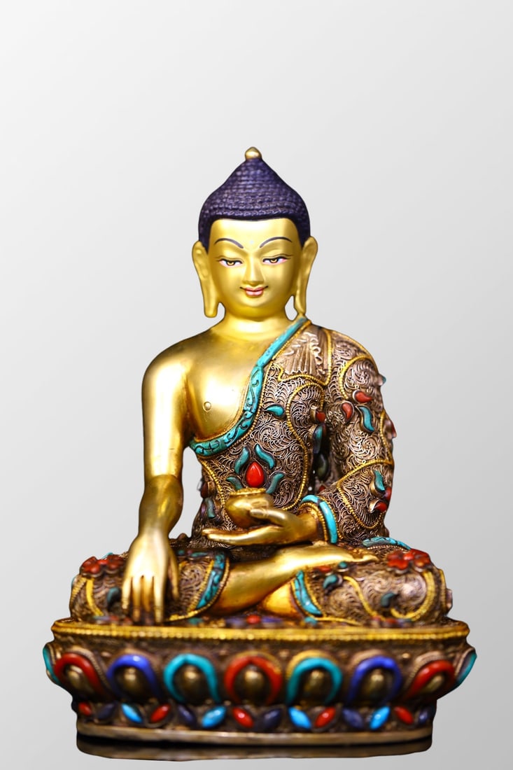 Exquisite Chinese Gold Wires Enamel Bronze Inlay Gem Siddhartha Buddha Statue (1 of 10)